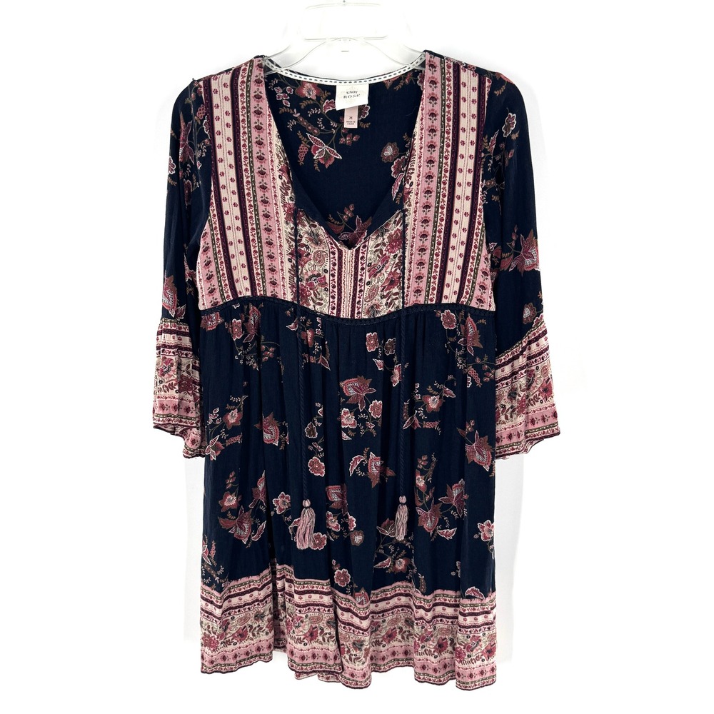 Knox Rose Navy Floral Print Boho Tassel V Neck Mini Peasant Dress‎ Size Medium